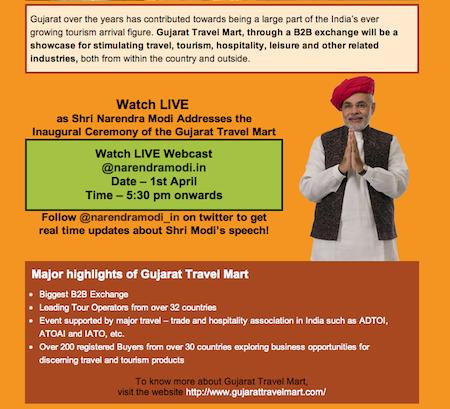 Shri Narendra Modi to address the inaugural ceremony of Gujarat Travel Mart!:- LIVE on 1st April 2013 @ 17.30 HRS Onwards